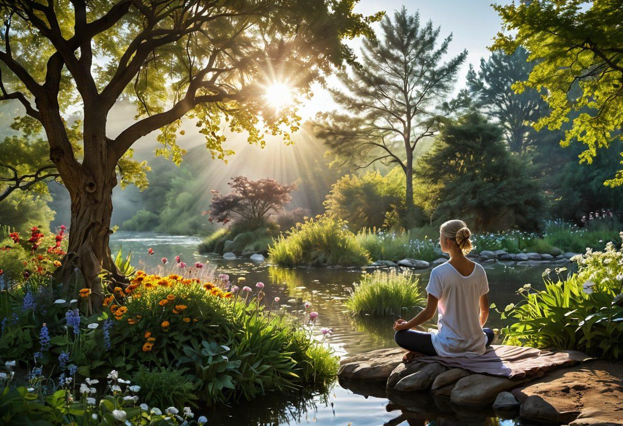A serene landscape featuring a tranquil garden with diverse healing herbs and flowers, a radiant sun symbolizing light, and a silhouette of a person meditating in the foreground. Include elements representing mind, body, and spirit such as a calm river flowing, a sturdy tree for grounding, and soft ethereal light illuminating the scene. This composition should inspire peace and hope, reflecting the healing journey in cancer support. vibrant colors. super-realistic.